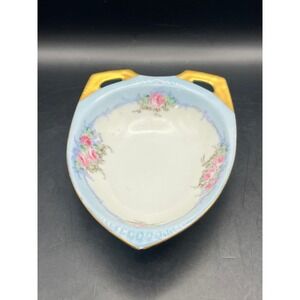 Antique Germany Floral Rose‎ Bowl Trinket Dish Gold Handle Porcelain Decor 5.75"